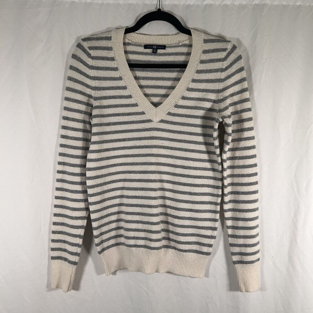 Gap Sweater Women's Medium White Grey Striped Vneck Wool Blend Pullover